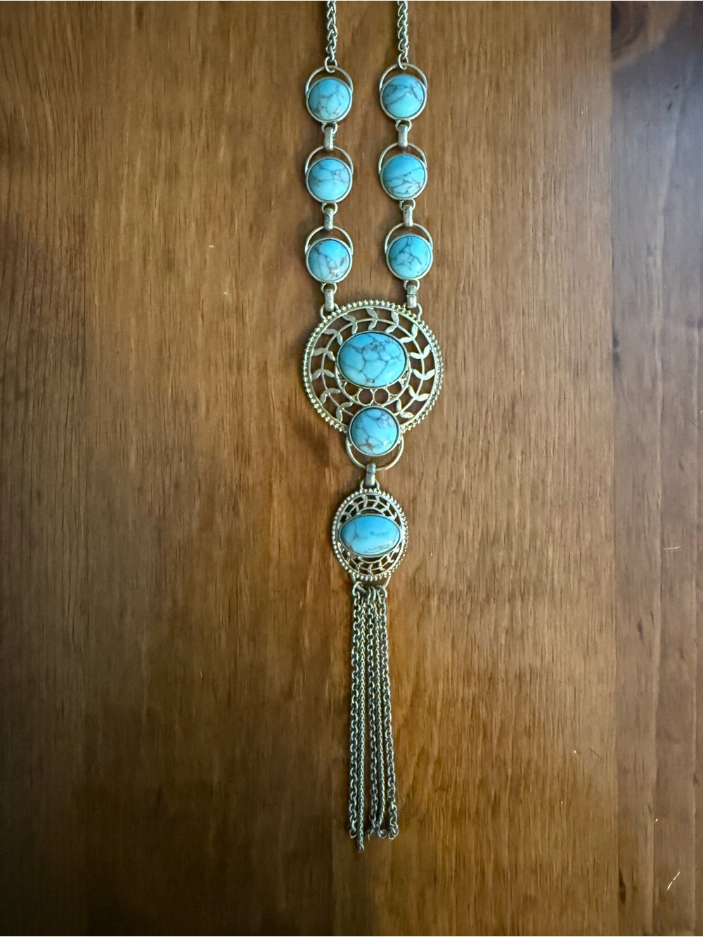 Gold-Tone Turquoise Pendant Tassel Necklace